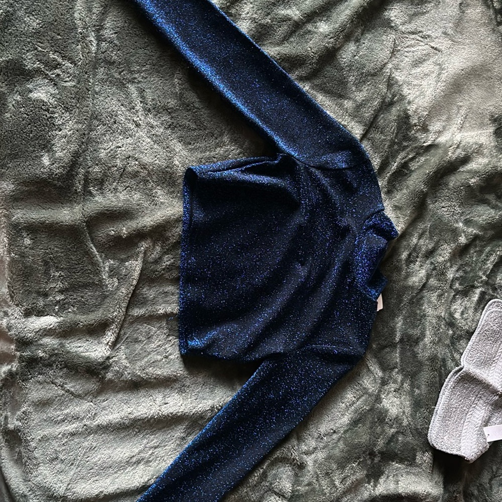 A blue turtleneck crop top with shimmy sparkles on it